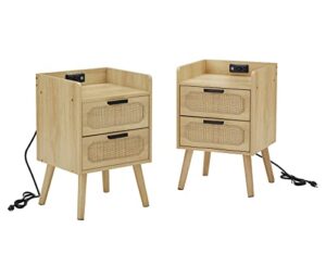 2 pc nightstands with 2 natural rattan decorated drawers, bedside end table side table with 2 ac outlets & 2 usb ports, solid wood legs & particle board frame, natural
