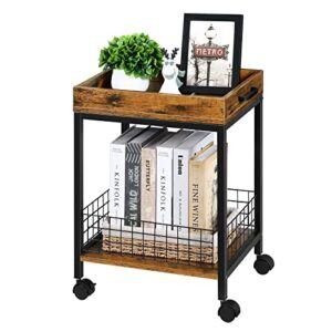 fogein side table with wheels,end table with removable serving tray, industrial retro side table nightstand storage shelf, for sofa kitchen living room and bedroom(rustic brown)