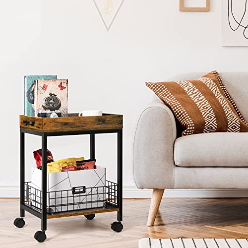 Fogein Side Table with Wheels,End Table with Removable Serving Tray, Industrial Retro Side Table Nightstand Storage Shelf, for Sofa Kitchen Living Room and Bedroom(Rustic Brown)