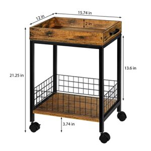 Fogein Side Table with Wheels,End Table with Removable Serving Tray, Industrial Retro Side Table Nightstand Storage Shelf, for Sofa Kitchen Living Room and Bedroom(Rustic Brown)