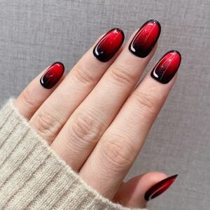 novo ovo short almond oval red to black ombre comicbook thick false fake press on nails cartoon nail glossy trendy popart opaque stick on acrylic kit with glue for valentine's day spring