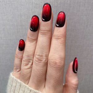 NOVO OVO Short Almond Oval Red To Black Ombre Comicbook Thick False Fake Press on Nails CARTOON NAIL Glossy Trendy Popart Opaque Stick on Acrylic Kit with Glue for Valentine's Day Spring