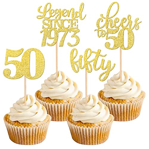 24 PCS Happy 50th Birthday Cupcake Toppers Glitter Fifty Cheers to 50 Legend Since 1973 Cupcake Picks for 50th Birthday Wedding Anniversary Party Cake Decorations Supplies Gold