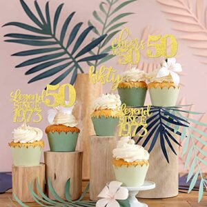 24 PCS Happy 50th Birthday Cupcake Toppers Glitter Fifty Cheers to 50 Legend Since 1973 Cupcake Picks for 50th Birthday Wedding Anniversary Party Cake Decorations Supplies Gold