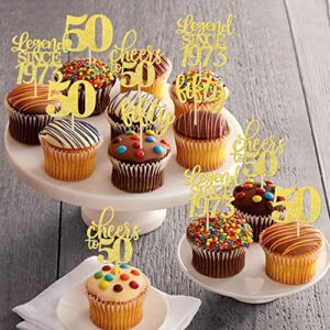 24 PCS Happy 50th Birthday Cupcake Toppers Glitter Fifty Cheers to 50 Legend Since 1973 Cupcake Picks for 50th Birthday Wedding Anniversary Party Cake Decorations Supplies Gold