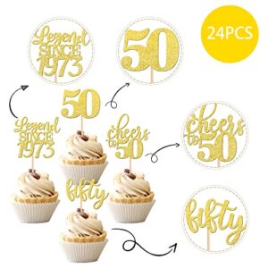 24 PCS Happy 50th Birthday Cupcake Toppers Glitter Fifty Cheers to 50 Legend Since 1973 Cupcake Picks for 50th Birthday Wedding Anniversary Party Cake Decorations Supplies Gold