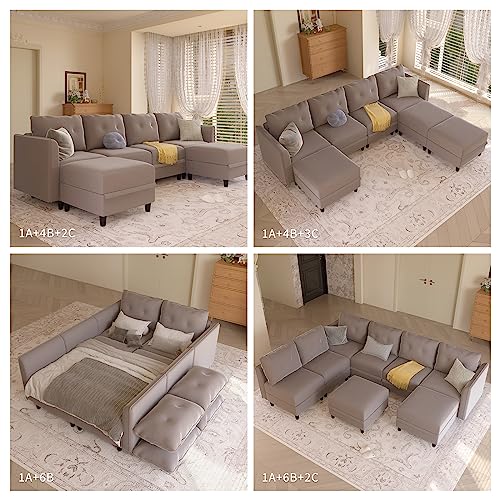 LLappuil Velvet Modular Sectional Sofa with Reversible Chaises, 7 Seater U Shape Sectional with Storage, Waterproof, Anti-Scratch and Antistatic Modular Couch for Living Room, Brown