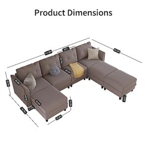 LLappuil Velvet Modular Sectional Sofa with Reversible Chaises, 7 Seater U Shape Sectional with Storage, Waterproof, Anti-Scratch and Antistatic Modular Couch for Living Room, Brown