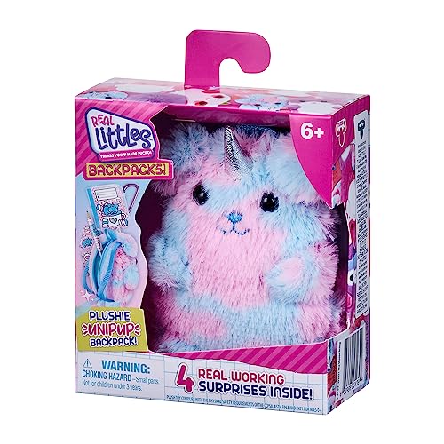 REAL LITTLES - Comes with Only 1 Backpack - Plushie Pet Backpacks. Soft, Fluffy, Animal Micro Backpack with 4 Real Working Micro Stationery Surprises Inside! - Styles May Vary