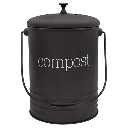 AuldHome Black Enamelware Compost Bin, Farmhouse Compost Can Set with Lid and Charcoal Filters, 1.3 Gallon