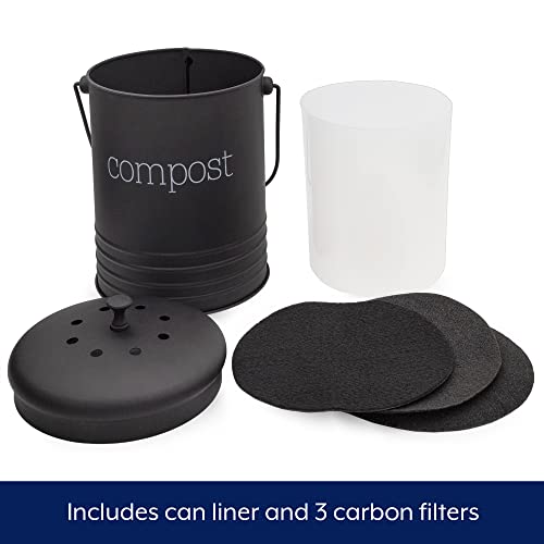 AuldHome Black Enamelware Compost Bin, Farmhouse Compost Can Set with Lid and Charcoal Filters, 1.3 Gallon