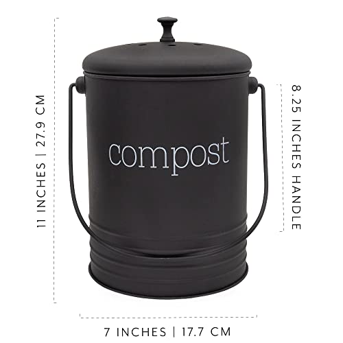 AuldHome Black Enamelware Compost Bin, Farmhouse Compost Can Set with Lid and Charcoal Filters, 1.3 Gallon