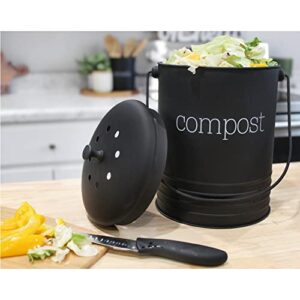 AuldHome Black Enamelware Compost Bin, Farmhouse Compost Can Set with Lid and Charcoal Filters, 1.3 Gallon