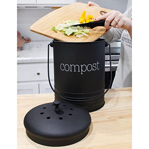 AuldHome Black Enamelware Compost Bin, Farmhouse Compost Can Set with Lid and Charcoal Filters, 1.3 Gallon