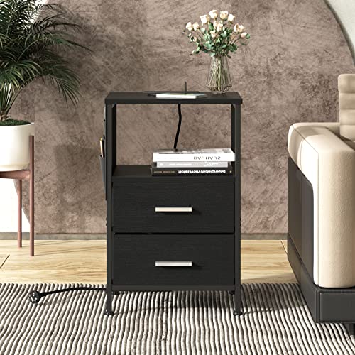 Vabches End Table with Charging Station, Nightstand with USB Port, Outlet and Fabric Bag, 2 Drawers & Open Storage Shelf Side Table, Sofa Cabinet for Living Room, Bedroom, Office