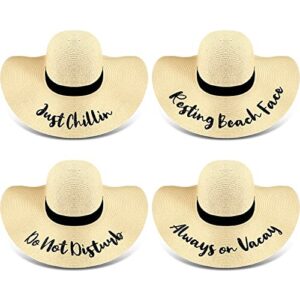 4 pcs women beach hats floppy foldable straw hat embroidered summer wide brim hats for travel summer vacation (beige, classic style)