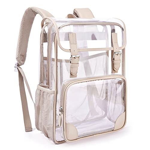 mommore Clear Backpack Heavy Duty Thick PVC Transparent Backpack with Leather Trim Large Capacity See Through Backpack