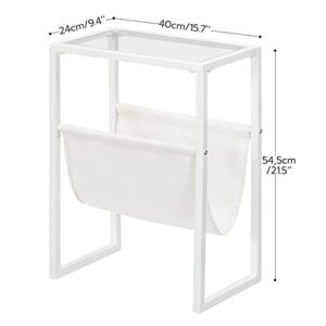 HOOBRO Narrow Side Table, Tempered Glass End Table with Fabric Magazine Sling, Small Coffee Accent Table, Bedside Table for Small Space, Bedroom, Living Room, Modern Style, White WT66BZ01