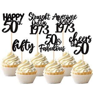 24 pcs happy 50th birthday cupcake toppers glitter fifty cheers to 50 straight outta 1973 cupcake picks 50 fabulous awesome since 1973 cake decorations 50th birthday anniversary party supplies black
