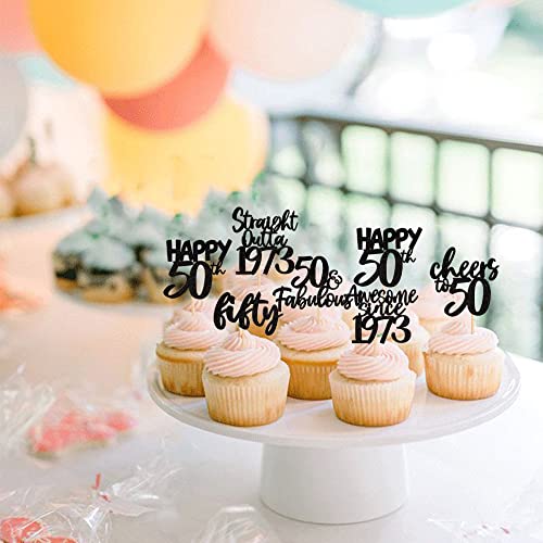 24 PCS Happy 50th Birthday Cupcake Toppers Glitter Fifty Cheers to 50 Straight Outta 1973 Cupcake Picks 50 Fabulous Awesome Since 1973 Cake Decorations 50th Birthday Anniversary Party Supplies Black