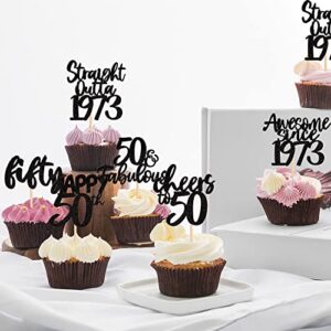 24 PCS Happy 50th Birthday Cupcake Toppers Glitter Fifty Cheers to 50 Straight Outta 1973 Cupcake Picks 50 Fabulous Awesome Since 1973 Cake Decorations 50th Birthday Anniversary Party Supplies Black
