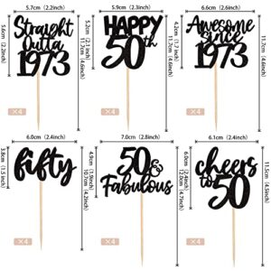 24 PCS Happy 50th Birthday Cupcake Toppers Glitter Fifty Cheers to 50 Straight Outta 1973 Cupcake Picks 50 Fabulous Awesome Since 1973 Cake Decorations 50th Birthday Anniversary Party Supplies Black
