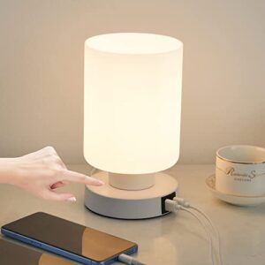 touch table lamps with usb a+c charging ports, 3-way dimmable bedside nightstand lamp with white opal glass shade, modern small lamp for bedroom, living room (e26 warm led bulb included) (cylindrical)