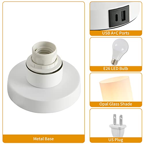 Touch Table Lamps with USB A+C Charging Ports, 3-Way Dimmable Bedside Nightstand Lamp with White Opal Glass Shade, Modern Small Lamp for Bedroom, Living Room (E26 Warm LED Bulb Included) (Cylindrical)