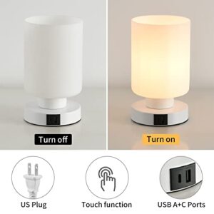 Touch Table Lamps with USB A+C Charging Ports, 3-Way Dimmable Bedside Nightstand Lamp with White Opal Glass Shade, Modern Small Lamp for Bedroom, Living Room (E26 Warm LED Bulb Included) (Cylindrical)