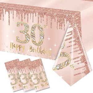 excelloon 3 pack 30th birthday tablecloth decorations for women, pink rose gold happy 30 birthday table cover party supplies, thirty year old birthday plastic disposable rectangular table cloth decor