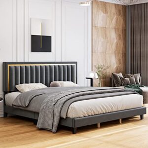 senfot full size bed frame, velvet upholstered platform bed with adjustable tufted headboard and heavy duty metal foundation with wood slats supports no box spring needed in gray