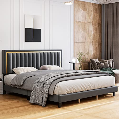 Senfot Full Size Bed Frame, Velvet Upholstered Platform Bed with Adjustable Tufted Headboard and Heavy Duty Metal Foundation with Wood Slats Supports No Box Spring Needed in Gray