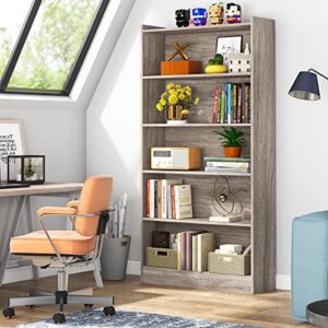 Tribesigns 72-inch Tall Bookcase, Industrial 6-Tier Gray Library Bookshelf with Storage Shelves, Large Open Bookcases Wood Display Shelving Unit for Bedroom Living Room Office, Floor-Standing (Gray)