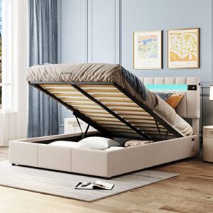 lumisol lift storage bed queen size, upholstered platform with led light bluetooth player and usb charging tufted headboard, bed frame with a hydraulic storage and slat support, beige