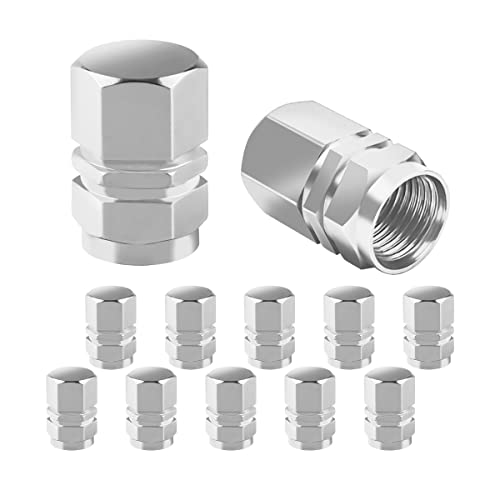 Car Tire Valve Stem Cap, 12 Pcs Wheel Valve Covers, Leak-Proof Air Caps Cover, Airtight Aluminum Alloy Hexagon Shape Tyre Accessory, Universal for Auto, Truck, SUV, Motorcycle, Bike (Silver)