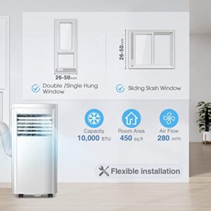 R.W.FLAME 10,000 BTU Portable Air Conditioner with Remote Control, Portable AC Unit for Room Up to 450 Sq.Ft, 3-in-1 Air Conditioner with Digital Display,24Hrs Timer,Installation Kit for Home, White