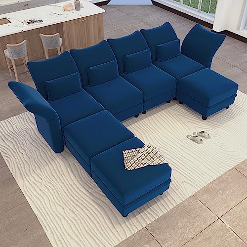 LLappuil Velvet Modular Sectional Sofa 127.7" 7-Seater U Shaped Couch with Storage, High Back Recliner Couches with Chaise for Living Room, Anti-Scratch Blue