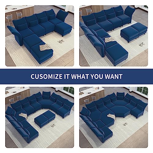 LLappuil Velvet Modular Sectional Sofa 127.7" 7-Seater U Shaped Couch with Storage, High Back Recliner Couches with Chaise for Living Room, Anti-Scratch Blue