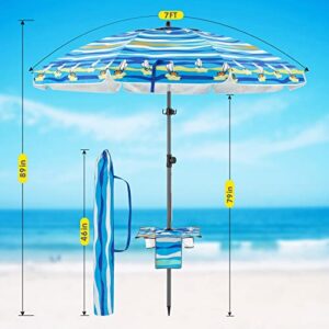 Magiea 7ft Beach Umbrellas For Sand Heavy Duty Wind, Portable Beach Umbrella UPF 50+ Windproof Outdoor Beach Umbrella with Sand Anchor, Tilt Pole, Carry Bag, Table Tray, Vent and Hook