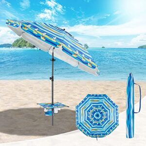 Magiea 7ft Beach Umbrellas For Sand Heavy Duty Wind, Portable Beach Umbrella UPF 50+ Windproof Outdoor Beach Umbrella with Sand Anchor, Tilt Pole, Carry Bag, Table Tray, Vent and Hook