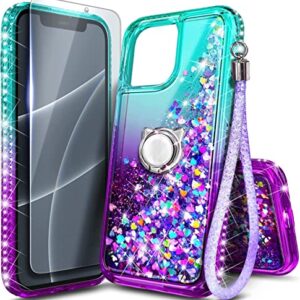 NGB Supremacy Compatible with iPhone 13 Mini Case with Tempered Glass Screen Protector/Ring Holder/Wrist Strap, Girls Women Liquid Bling Sparkle Floating Glitter Cute Phone Case (Aqua/Purple)