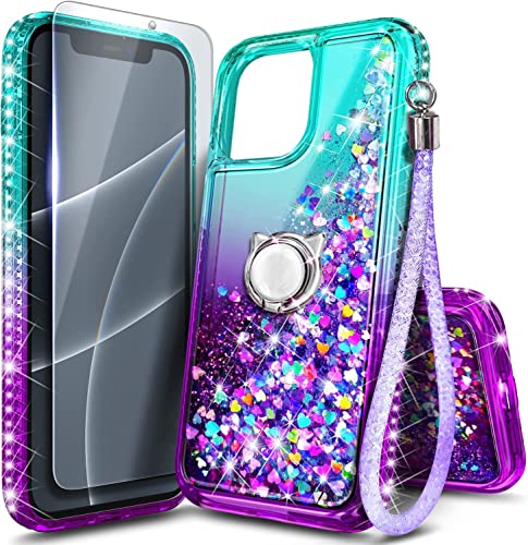 NGB Supremacy Compatible with iPhone 13 Mini Case with Tempered Glass Screen Protector/Ring Holder/Wrist Strap, Girls Women Liquid Bling Sparkle Floating Glitter Cute Phone Case (Aqua/Purple)