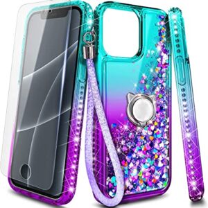 NGB Supremacy Compatible with iPhone 13 Mini Case with Tempered Glass Screen Protector/Ring Holder/Wrist Strap, Girls Women Liquid Bling Sparkle Floating Glitter Cute Phone Case (Aqua/Purple)