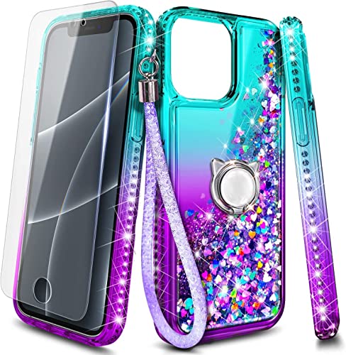 NGB Supremacy Compatible with iPhone 13 Mini Case with Tempered Glass Screen Protector/Ring Holder/Wrist Strap, Girls Women Liquid Bling Sparkle Floating Glitter Cute Phone Case (Aqua/Purple)