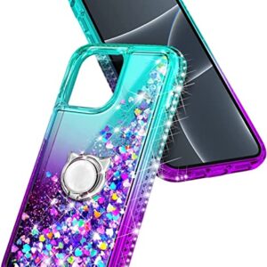 NGB Supremacy Compatible with iPhone 13 Mini Case with Tempered Glass Screen Protector/Ring Holder/Wrist Strap, Girls Women Liquid Bling Sparkle Floating Glitter Cute Phone Case (Aqua/Purple)