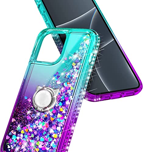 NGB Supremacy Compatible with iPhone 13 Mini Case with Tempered Glass Screen Protector/Ring Holder/Wrist Strap, Girls Women Liquid Bling Sparkle Floating Glitter Cute Phone Case (Aqua/Purple)