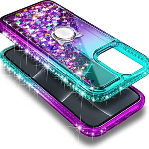 NGB Supremacy Compatible with iPhone 13 Mini Case with Tempered Glass Screen Protector/Ring Holder/Wrist Strap, Girls Women Liquid Bling Sparkle Floating Glitter Cute Phone Case (Aqua/Purple)