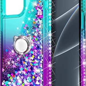 NGB Supremacy Compatible with iPhone 13 Mini Case with Tempered Glass Screen Protector/Ring Holder/Wrist Strap, Girls Women Liquid Bling Sparkle Floating Glitter Cute Phone Case (Aqua/Purple)