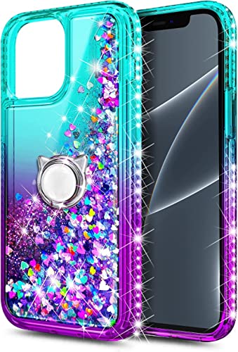 NGB Supremacy Compatible with iPhone 13 Mini Case with Tempered Glass Screen Protector/Ring Holder/Wrist Strap, Girls Women Liquid Bling Sparkle Floating Glitter Cute Phone Case (Aqua/Purple)