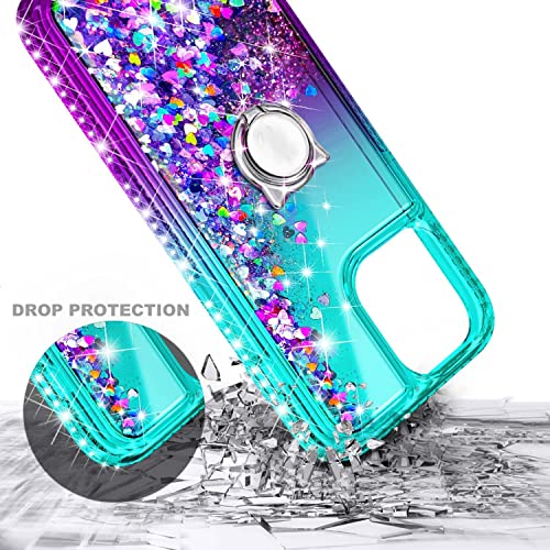 NGB Supremacy Compatible with iPhone 13 Mini Case with Tempered Glass Screen Protector/Ring Holder/Wrist Strap, Girls Women Liquid Bling Sparkle Floating Glitter Cute Phone Case (Aqua/Purple)